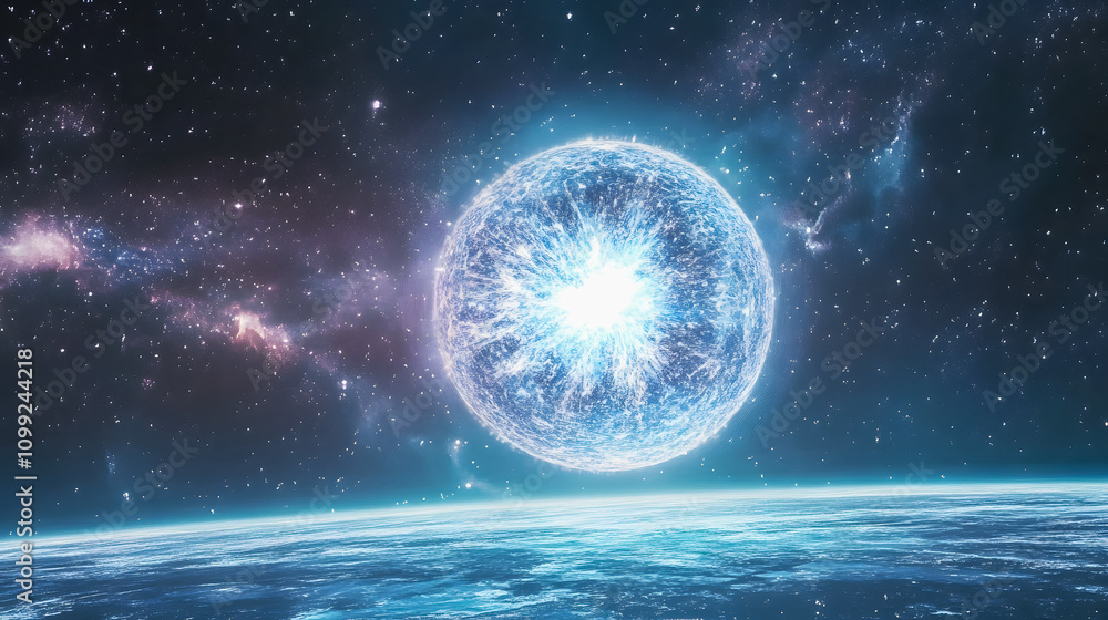 Naklejka premium Stunning Cosmic Explosion Illuminating Starscape with Vibrant Celestial Colors over Earth View in Deep Space