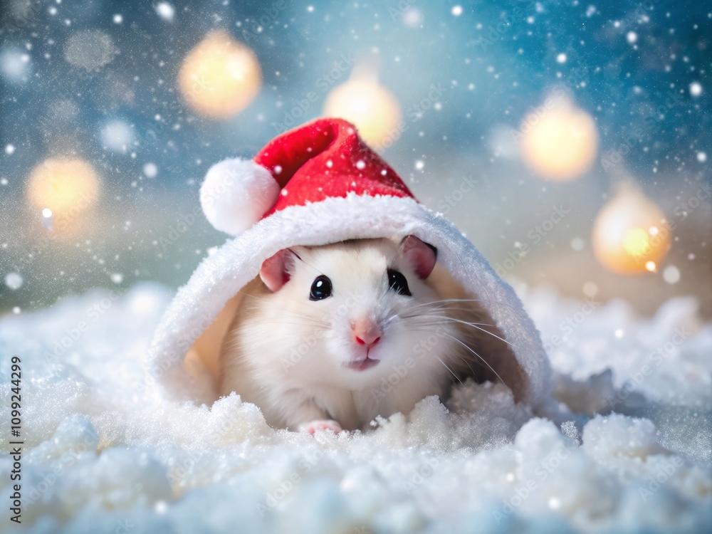 Fototapeta premium Adorable White Hamster in a Christmas Hat Playfully Burrowing in Soft Snow, Captured in Long Exposure to Emphasize the Winter Spirit and Holiday Cheer