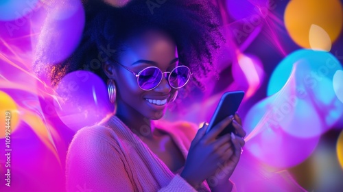 Beautiful African American Woman Engaged With Mobile Phone in a Vibrant Neon Setting