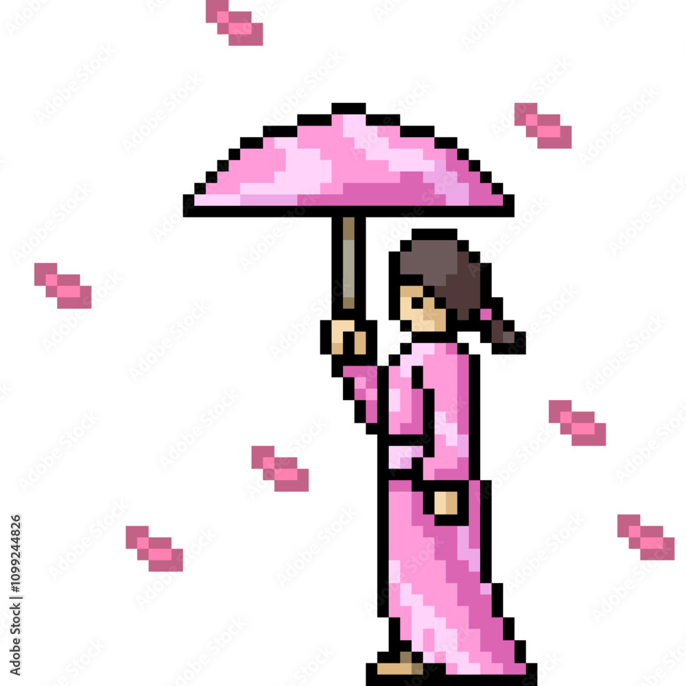 Fototapeta premium pixel art of japanese girl pink umbrella