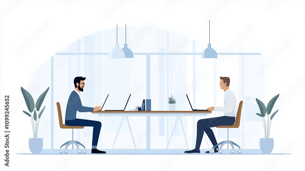 Fototapeta premium A bright, minimalist office space features two individuals seated at a long desk, each focused on their laptop