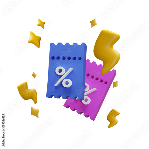 3D vector of coupon with a discount voucher on a background of stars and confetti