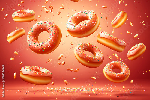 A vibrant display of floating donuts with colorful sprinkles against a red background.