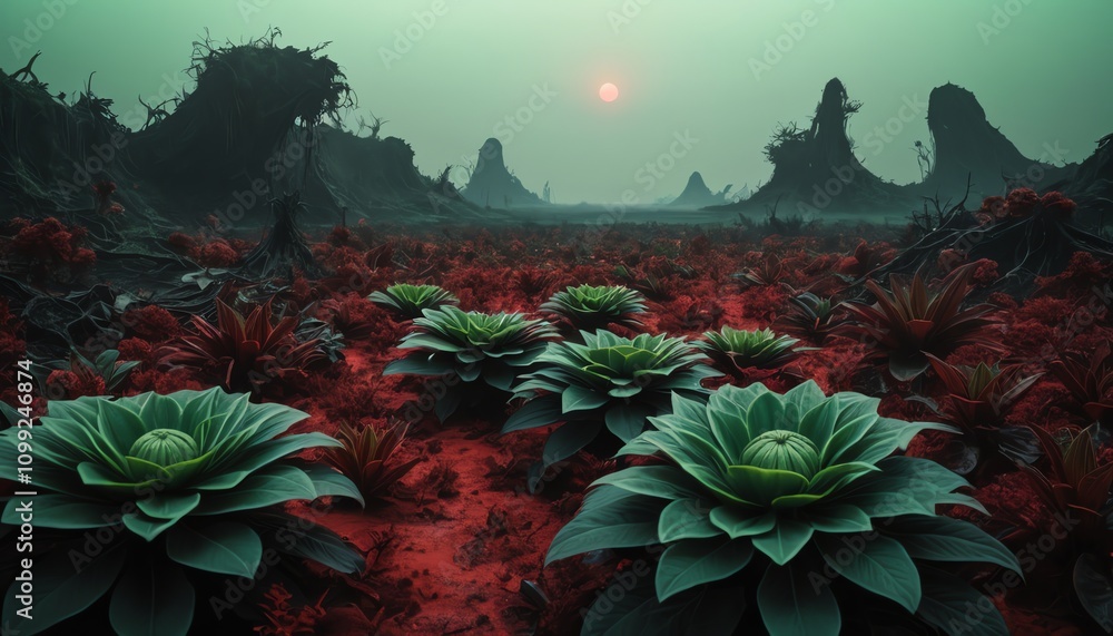 Fototapeta premium a field with a mountain in the background and a few green plants.
