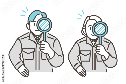 Male and female workers in work clothes examining something with a magnifying glass [Vector illustration]