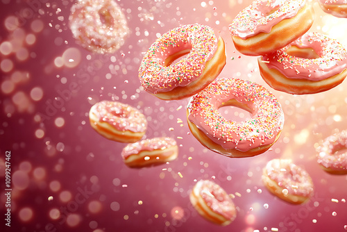 A whimsical display of pink frosted donuts with sprinkles, creating a fun and festive atmosphere.