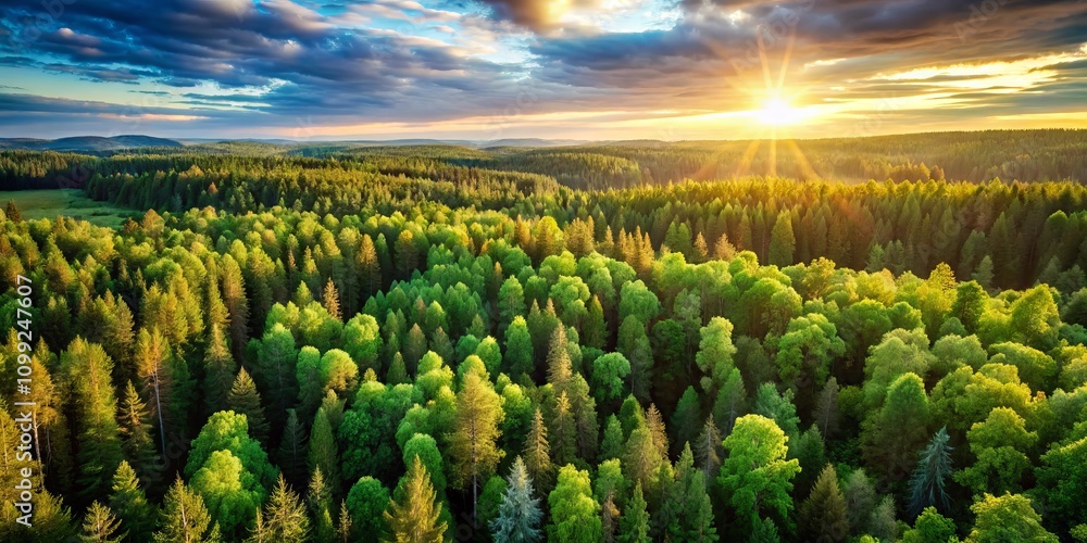 Fototapeta premium Aerial View of Lush Summer Green Trees in Forested Landscape of Rural Finland with Expansive Copy Space for Nature and Travel Themes