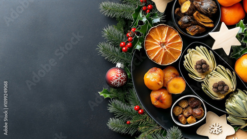 Christmas harvest platter featuring unseen plant-based delicacies like roasted lotus root, truffle-stuffed artichokes, and caramelized persimmon.  photo