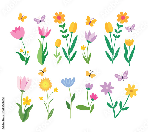 Garden Flowers Clip Art Illustration Vector Bundle Collection Set, Nature Flower Isolated Realistic Vector, Beauty leaf Cartoon Illustration Bundle, Flowerbed Colors Vector Collection