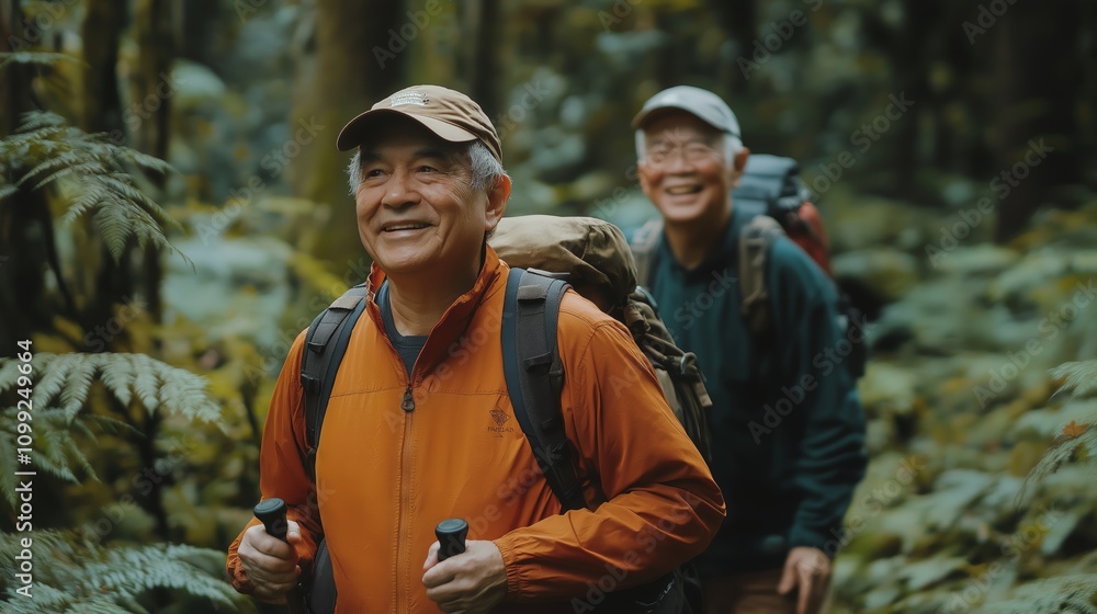 Fototapeta premium Smiling Senior Asian Men Hiking Through a Lush Forest Trail