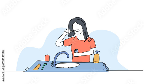 Vector illustration of a woman brushing her teeth in the sink. Modern flat in continuous line style.