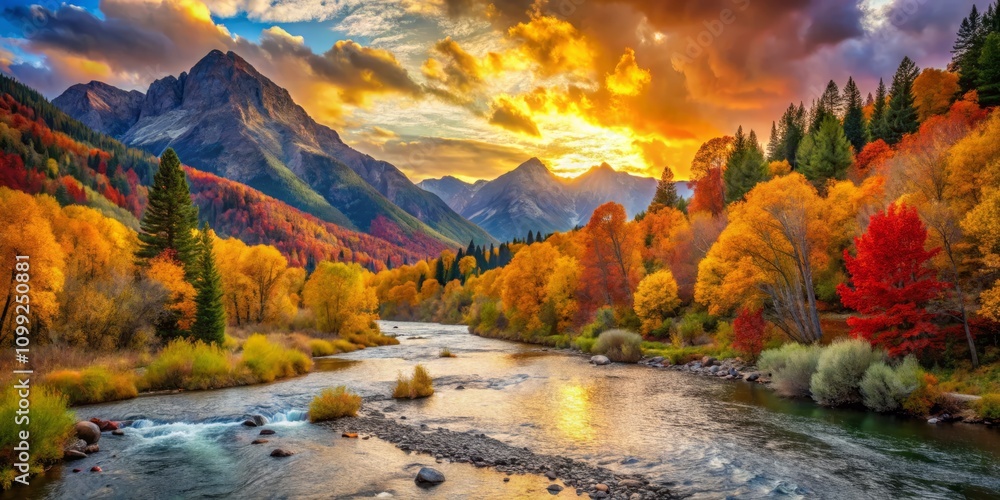 Obraz premium Breathtaking Autumn Landscape Featuring a Serene River Flowing Through Majestic Mountains Under a Clear Blue Sky and Vibrant Fall Foliage for Nature Photography Enthusiasts