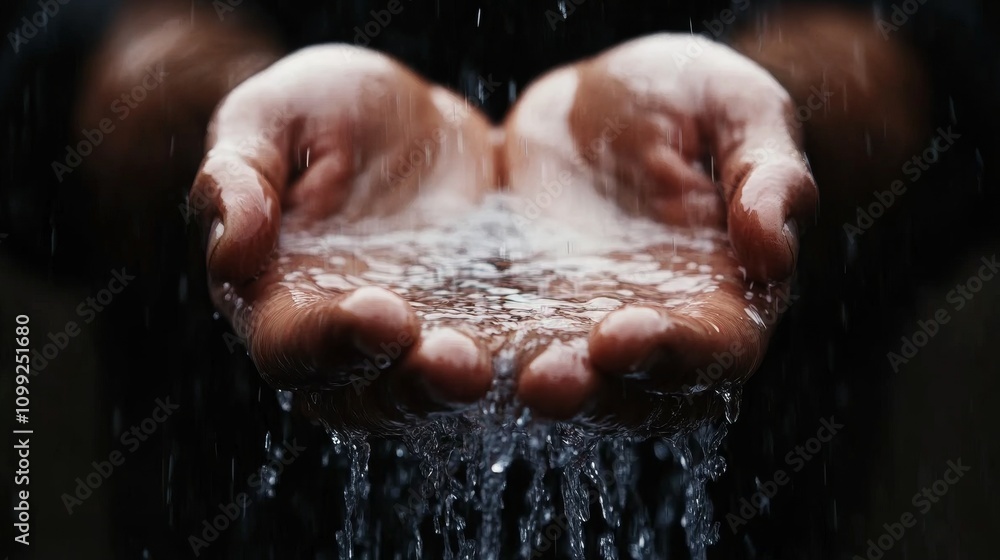 Fototapeta premium Close-up of hands cupping rainfall, showcasing the beauty of nature's purest resource.