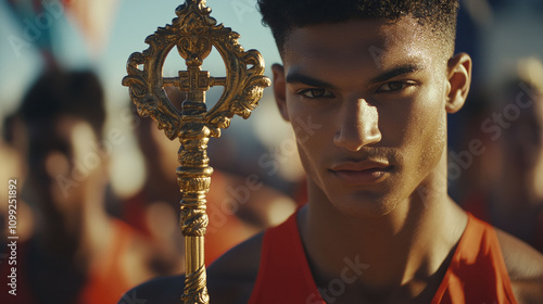 A proud athlete holding a decorative key during a sports team initiation ceremony. photo