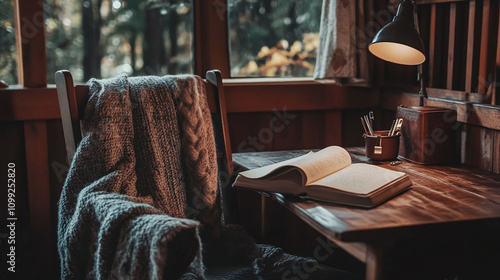 A rustic wooden desk in a countryside cabin featuring a vintage lamp an open journal and a cozy blanket draped over the chair shot with a Nikon Z7 II 50mm lens warm earthy tones photo