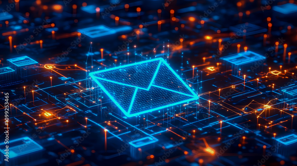 Fototapeta premium Digital Communication Concept with Glowing Envelope on Futuristic Circuit Board Background Representing Email Technology and Connectivity