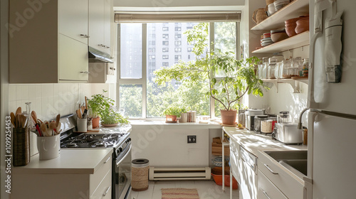 A small organized kitchen nook in a tiny apartment featuring creative storage solutions and bright sunlight shot with a Leica Q2 28mm lens airy palette photo