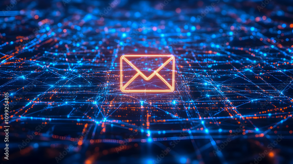 Obraz premium Bright Orange Email Icon Glowing Amidst a Digital Network with Blue and Orange Lights Representing Modern Communication and Connectivity
