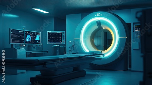 A CT scanner with a glowing halo design in a dimly lit room for precise imaging. Advanced monitors and control panels are arranged nearby, enhancing the futuristic atmosphere.