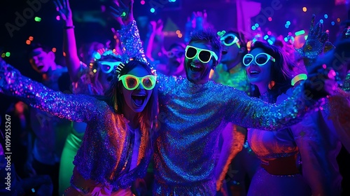 A vibrant New Year's party scene with guests wearing neon-colored attire and glowing accessories under blacklight 