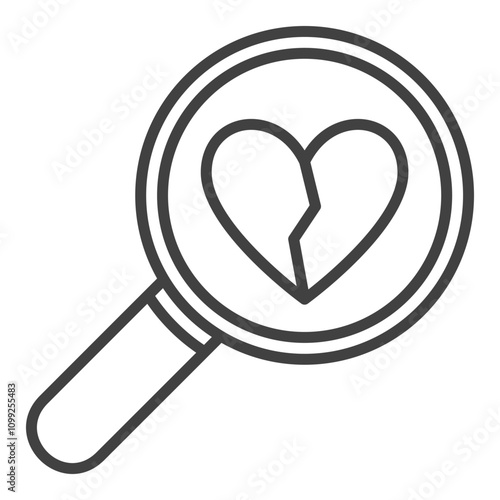 Magnifying Glass with Broken Heart vector Heartache minimalistic icon
