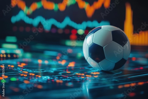 Soccer ball on a glowing stock market screen. Illustrates sports betting, finance, or investment in sports.