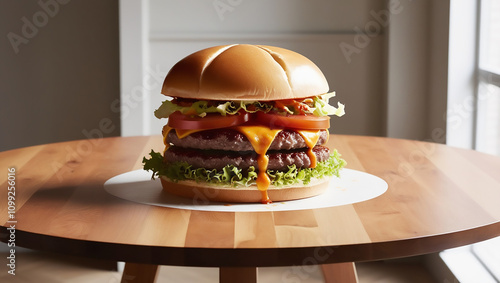 Delicious Cheeseburger with Lettuce an Tomato on Wooen Boar
 photo