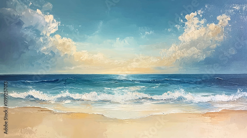 Sea landscape art vector background with blue sky and white clouds. Watercolor illustration for interior, flyers, poster, cover, banner. Modern hand draw painting for design illustration.