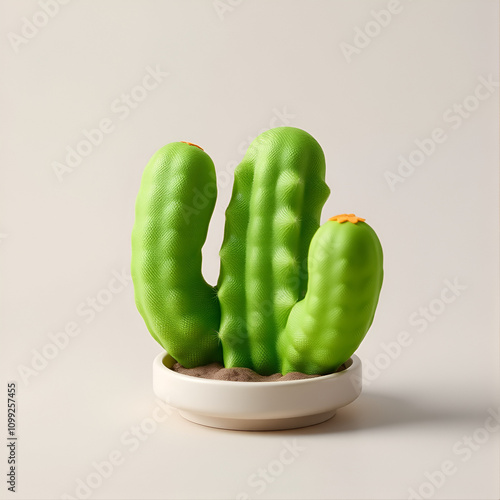 A soft, squishy gummi cactus with bendable arms, resting on a neutral backdrop, photo