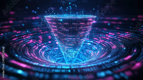 Big data technology and information funnel concept. Large digital funnel with online data as process of data collection, analysis, and transformation into useful information. Modern digital style.