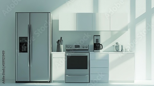 A modern 3D render of stainless steel appliances, with a refrigerator and oven framed by smaller items like a coffee maker, blender, and washing machine, all on a bright white background. photo