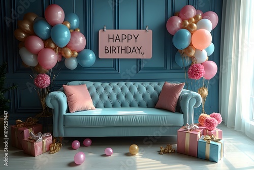 Interior of living room decorated for birthday with balloons, pinatas and garland