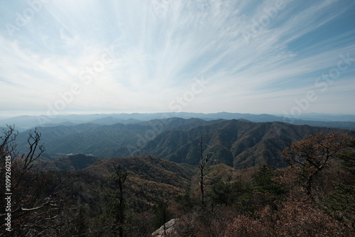 대한민국 한반도 태백산맥의 산봉우리 정상에서 바라본 푸른 하늘의 구름과 가을 낙옆 단풍 나무숲 능선의 광활하고 시원한 풍경 배경화면