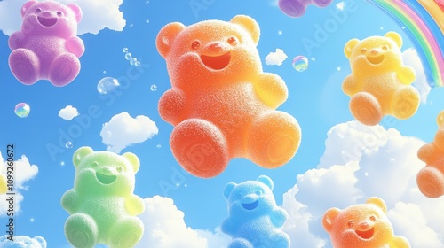 A playful cartoon-style design of gummy bears floating freely in the sky, surrounded by small rainbow drops and cheerful smiling clouds, perfect for a lively wallpaper.