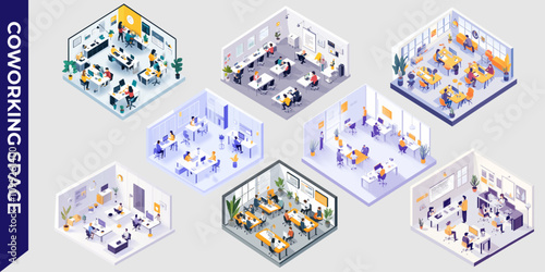 Isometric illustration of a modern coworking space with desks, computers, and people collaborating in a bright