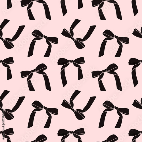 Coquette pattern seamless black bow on pink background. Cute feminine background