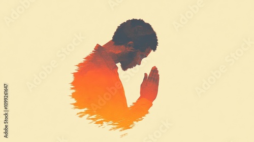 A young Black man is shown in prayer, depicted in warm, orange hues against a pale yellow backdrop. The image is stylized and evocative.