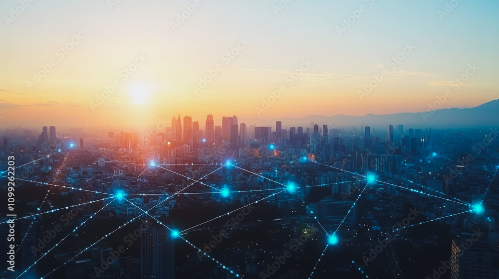 Fototapeta premium Smart digital Innovation city with connection network reciprocity over the sunset cityscape. of future wireless digital city and social media networking systems that connects people with in city
