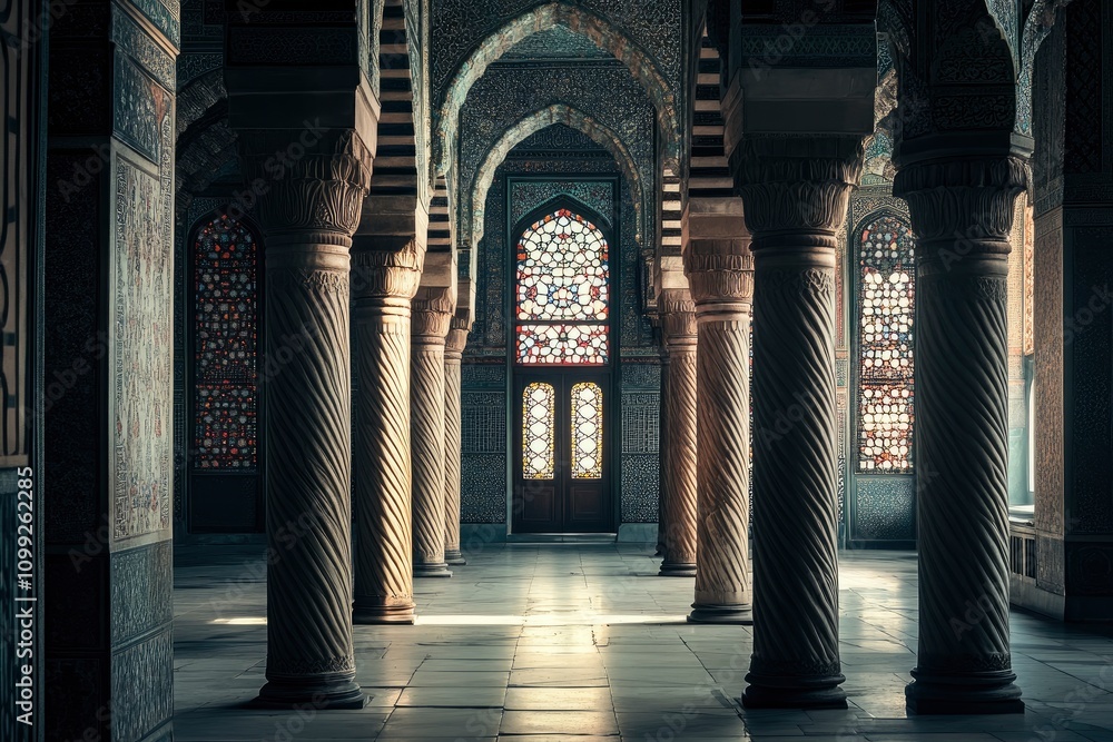 Fototapeta premium Mosque interiors with defocused pillars, windows, and doors, crafting an abstract backdrop. 