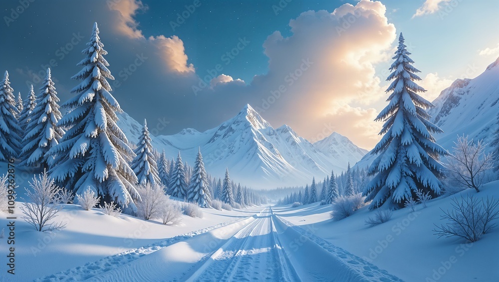 Fototapeta premium Winter background. Winter forest, snowy pines, snowy mountains, bright sun, sky and fluffy clouds.