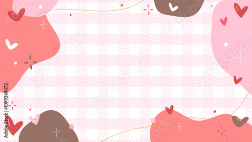 Cute hand drawn illustration with hearts and abstract pattern background, Valentine's Day, birthday, pink gingham / ハートと抽象的な柄の背景、バレンタイン、誕生日、ピンクのギンガムチェックのかわいい手描きのイラスト