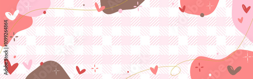 Cute hand drawn illustration with hearts and abstract pattern background, Valentine's Day, birthday, pink gingham / ハートと抽象的な柄の背景、バレンタイン、誕生日、ピンクのギンガムチェックのかわいい手描きのイラスト