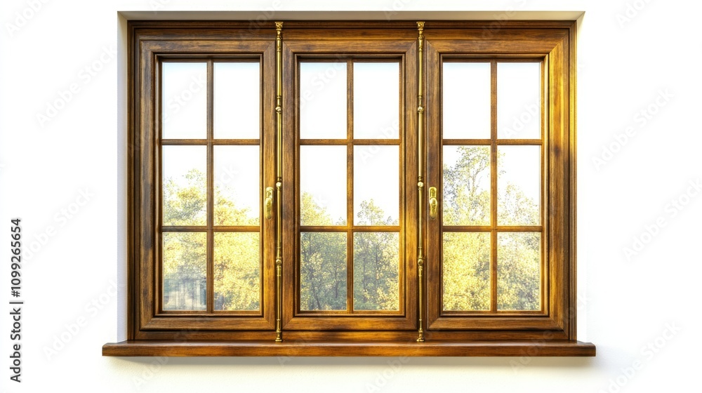 Fototapeta premium Elegant hotel window made from polished oak wood, golden detailing on the edges, morning light reflection, evenly lit, isolated on white