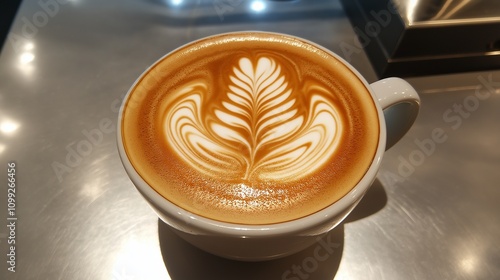 a white cup of coffee latte art photo