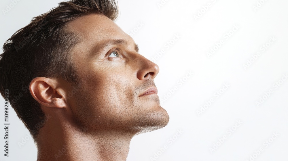 Fototapeta premium Profile portrait of a 35-year-old Caucasian man with flawless, wrinkle-free skin, isolated on a white background. This beauty portrait captures the essence of youthful skin. Copy space included.