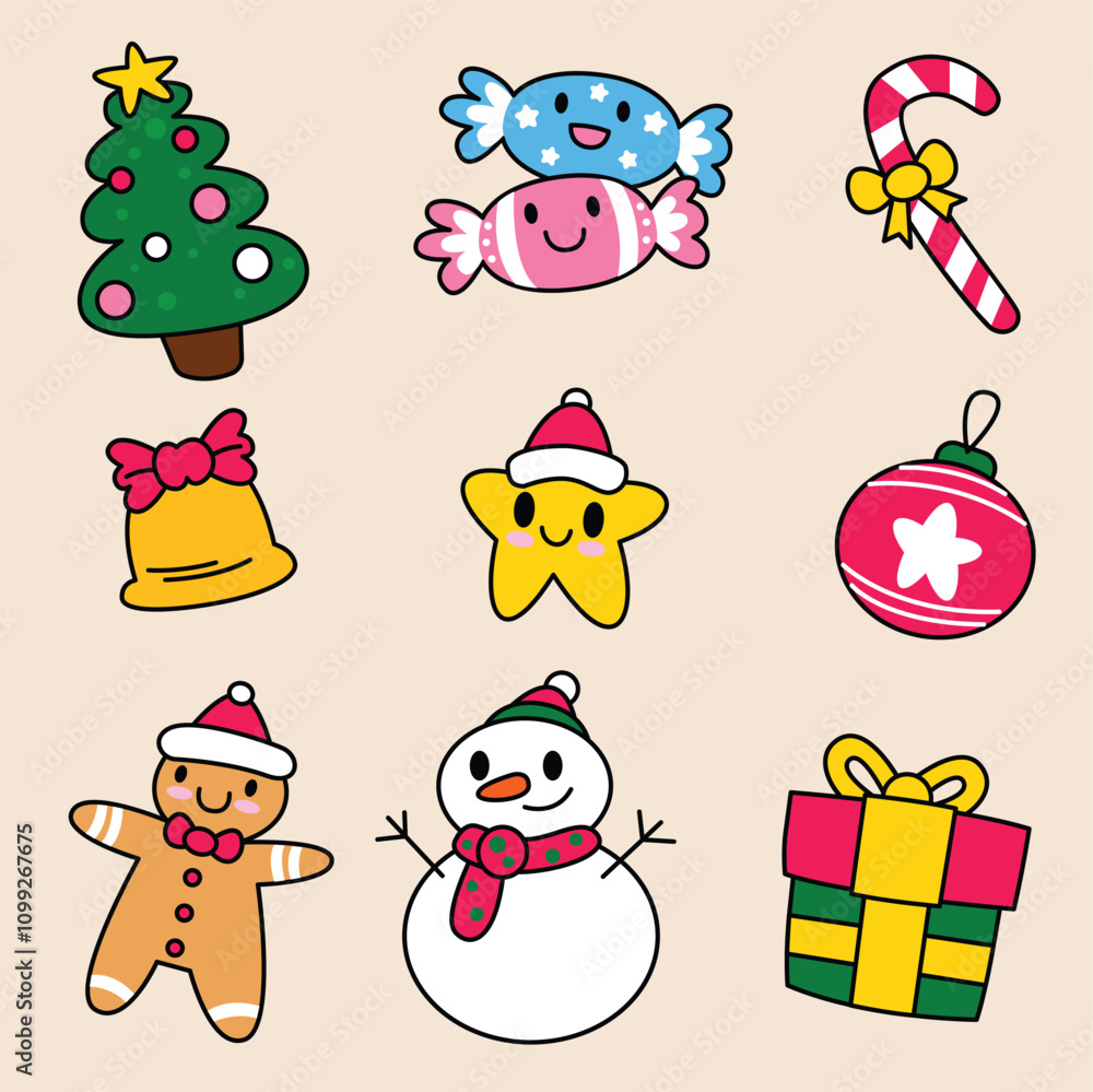 Fototapeta premium Set of cute kawaii christmas element vector