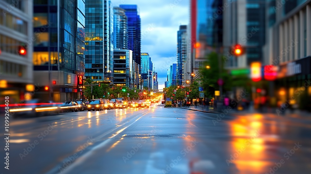 Obraz premium Vibrant City Street Scene at Dusk with Blurred Lights and Reflections from Rain on Modern Skyscrapers and Traffic Lights Illuminating the Urban Landscape