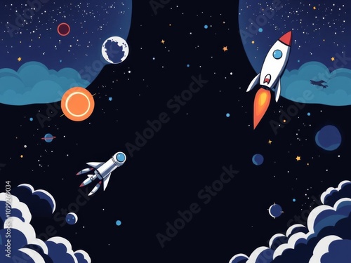 Set of colorful banner templates with space and universe theme, featuring planets, galaxies, rockets, and astronauts in vector illustration format, trip, design