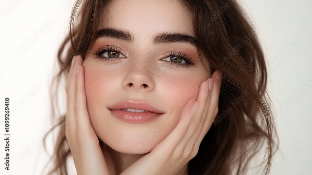 Obraz premium Beautiful Woman with Natural Smile and Gentle Hands Touching Face