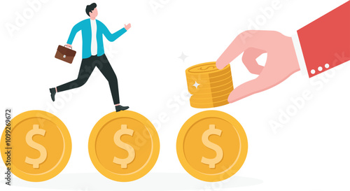 Salary rate adjustment, wage increase from employee skill development, job promotion concept, Businessman being happy with salary increase.

